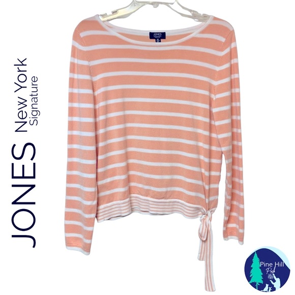 Jones New York Sweaters - Vintage Jones New York Sweater Womens Small Peach White Striped 90s Y2K Side Tie